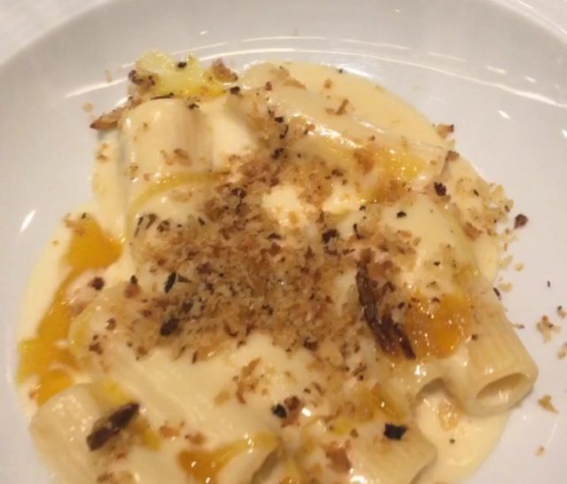 Rigatoni ao creme de grana com Boursin de salmão e redução cítrica.